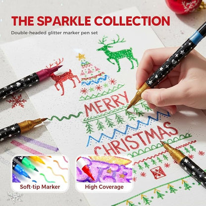 Colors Dual Tip Glitter Gel Pen Set, 2025 Upgrade Fiber Tips Smooth Sparkle Paint Markers Pen for Adults Coloring, Shimmer Metallic Glitter Markers for DIY Crafts Christmas Cards Making (24)