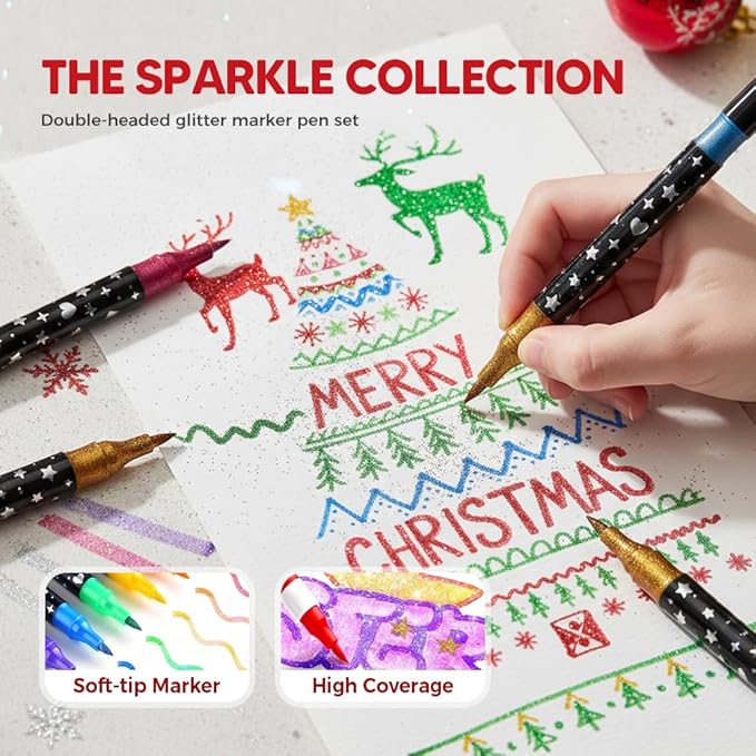 Colors Dual Tip Glitter Gel Pen Set, 2025 Upgrade Fiber Tips Smooth Sparkle Paint Markers Pen for Adults Coloring, Shimmer Metallic Glitter Markers for DIY Crafts Christmas Cards Making (12)