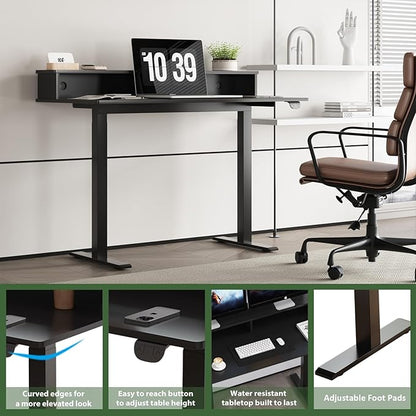 2-Tier Height Adjustable 45" Electric Standing Desk - Upgraded Ultra Durable Home Office Large Rectangular Computer Table or Laptop Sit Stand Workstation - Black