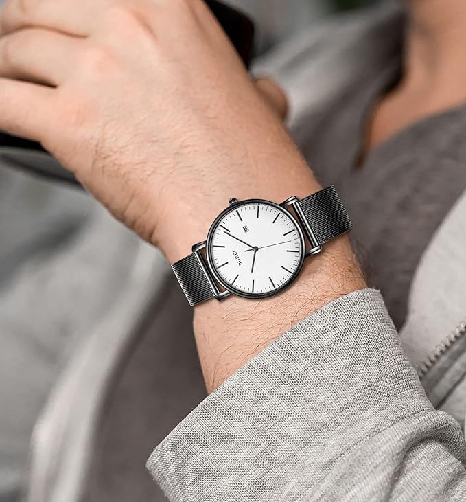 BUREI Men Watches Brown Leather Fashion Minimalist Wrist Watch Simple Ultra Thin Waterproof Quartz Watches All Black Stainless Steel Mesh Band,Gift for Men Women