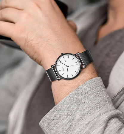 BUREI Men Watches Brown Leather Fashion Minimalist Wrist Watch Simple Ultra Thin Waterproof Quartz Watches All Black Stainless Steel Mesh Band,Gift for Men Women