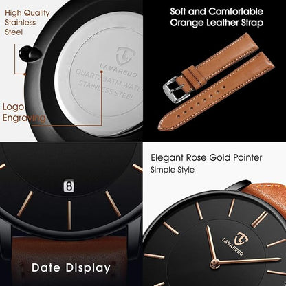 L LAVAREDO Watch for Men, Extremely Thin Mens Watches Minimalist Analog Men's Leather Wrist Watches with Time/Date, Birthday Gift for Men Boyfriend