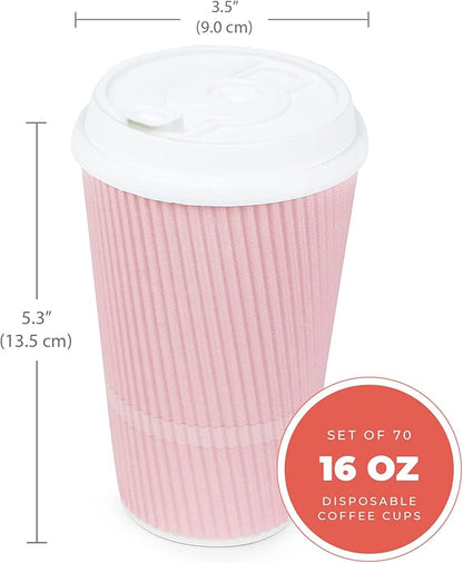 Disposable Coffee Cups With Lids - 16 oz To Go Coffee Cup (70 Pack). Large Travel Cups Hold Shape With Hot and Cold Drinks, No Leaks! Insulated Ripple Cups Protect Hands, No Sleeves needed!