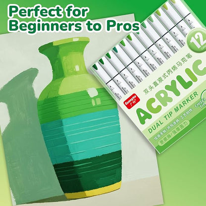 Guangna 12 Green Dual Tip Acrylic Paint Markers, Brush Tip & Chisel Tip Acrylic Paint Pens for Pumpkin Paint, Rock, Wood, Glass, Paper, Coloring Book, Ceramic, Canvas, Water-Based Ink