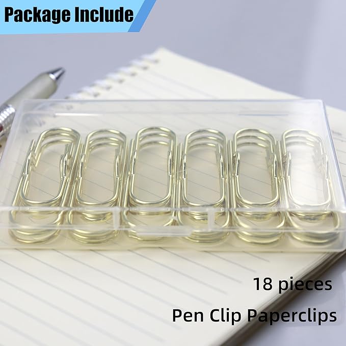 18 PCS 2.75 Inch (70mm) Paper Clips Gold Rust Resistant Metal Strong Pen Clip Style Paperclips for Office School Documents
