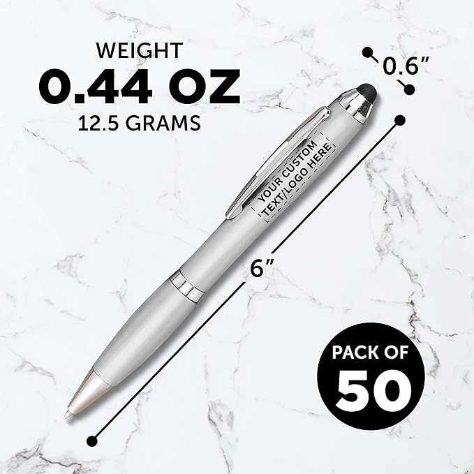 DISCOUNT PROMOS Custom Plastic Stylus Pens Set of 50, Personalized Bulk Pack - Black Ink, Great for Office, School, Business, Tradeshows, Events - Silver