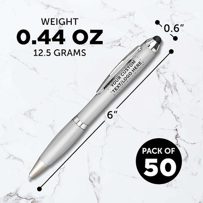 DISCOUNT PROMOS Custom Plastic Stylus Pens Set of 50, Personalized Bulk Pack - Black Ink, Great for Office, School, Business, Tradeshows, Events - Silver