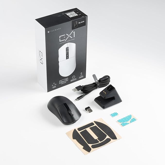 TECWARE EX1 Lightweight Gaming Mouse, 26K DPI Wireless Mouse, OLED Screen Display, 59g Lightweight, RGB Charging Dock, Tri-Mode Connectivity, Comes with PTFE Feet and Grip Tape, Gaming Mouse (Black)