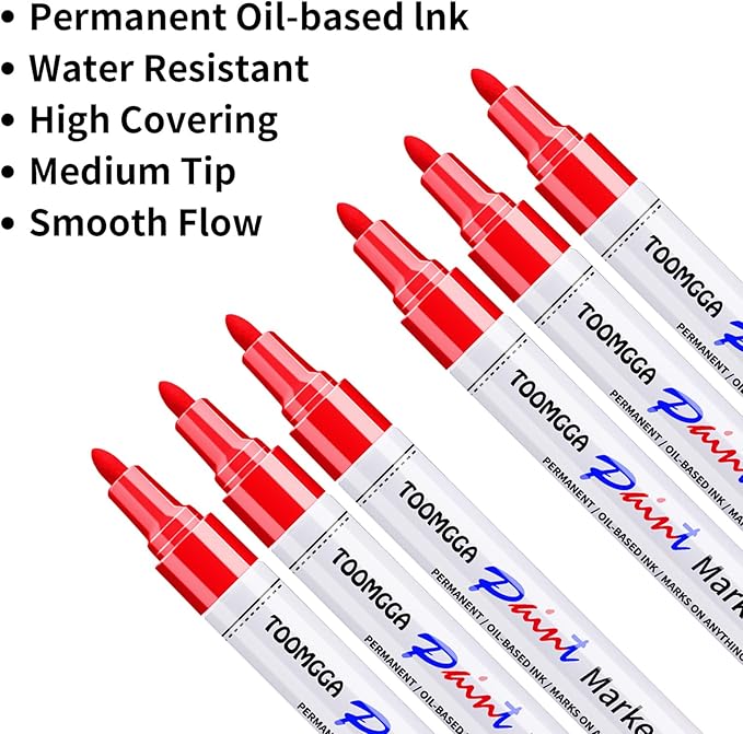 Paint Pens Paint Markers Red - 6 Pack Permanent Markers Oil Based for Metal Wood, Pens for Metal, Car Tyre,Plastic, Ceramic, Plastic, Canvas, Rock Painting, Glass, Craft Supplies