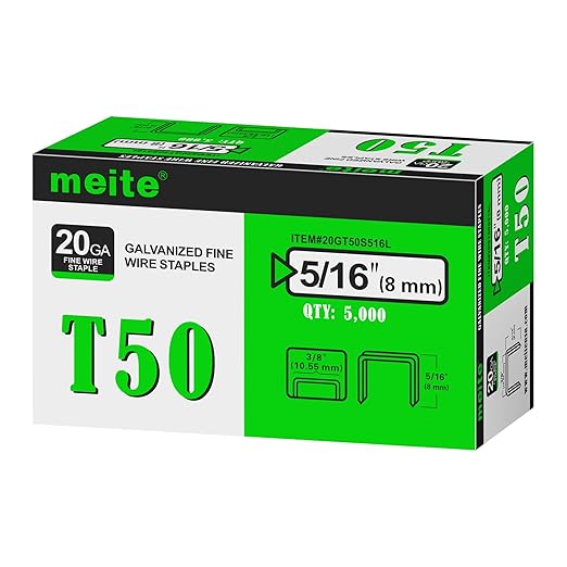 meite T50 Staples, 5/16 Inch Heavy Duty Staples for Staple Gun, Galvanized 20 Gauge 3/8 Inch Crown Staple for Upholstery, Construction, Furniture (1 Case)