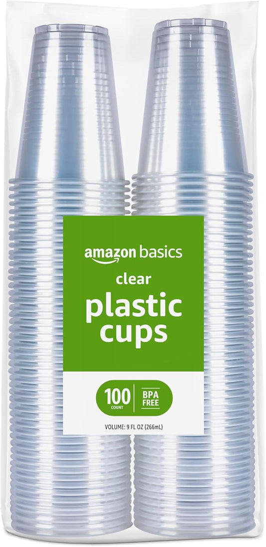 Amazon Basics Small Disposable Clear Plastic Cups, 9oz, 100 Count