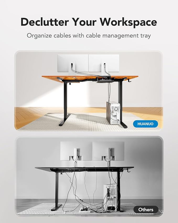HUANUO 71x48 inch Dual Motor L Shaped Electric Standing Desk with 3 Preset Heights, Electric Height Adjustable Computer Table, 2 Hooks & Cable Tray, Raising Desk for Home Office, Vintage Brown