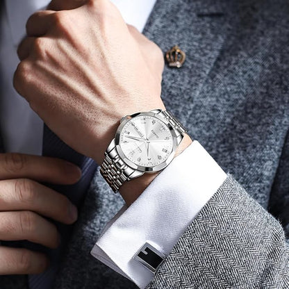 Men's Casual Stainless Steel Watch, Big Face Easy to Read Analog Quartz Watch with Day and Date, Classic Waterproof Diamond Roman Arabic Numerals Dial Dress Watch for Men, Gold Silver Black Band