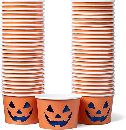 Paper Ice Cream Cups, 50-Count 9-Oz Disposable Dessert Bowls for Hot or Cold Food, 9-Ounce Halloween Party Supplies Treat Cups, Jack-O-Lantern, Orange