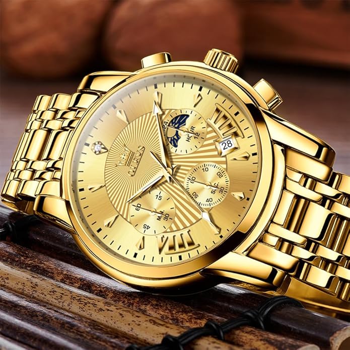 OLEVS Men's Luxury Watch Waterproof Luminous Easy Read Chronograph Watches Full Gold/White Dail/Black Face with Calendar Wristwatch