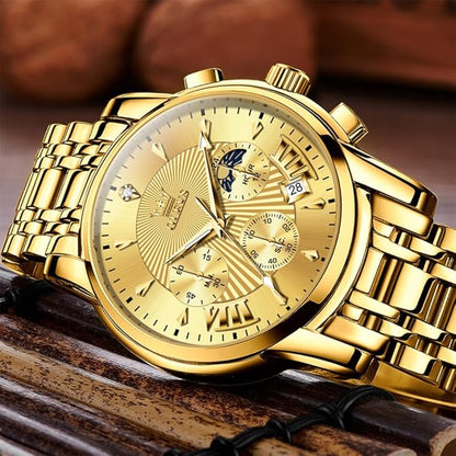 OLEVS Men's Luxury Watch Waterproof Luminous Easy Read Chronograph Watches Full Gold/White Dail/Black Face with Calendar Wristwatch