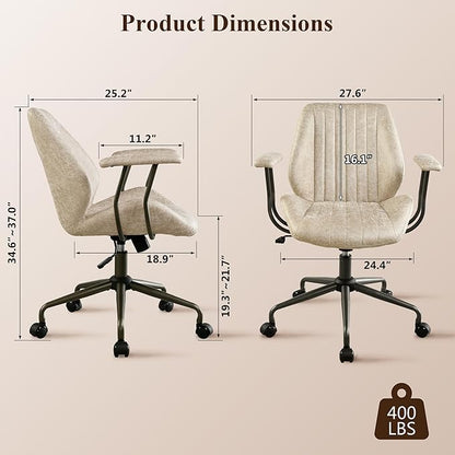 Mid Century Modren Office Chair - Fuax Leather Suede Brown Executive Chairs Ergonomic Mid Back with Lumbar Support, Swivel Computer Desk Task Chair with Wheels for Home Office (Beige, Mid Back)