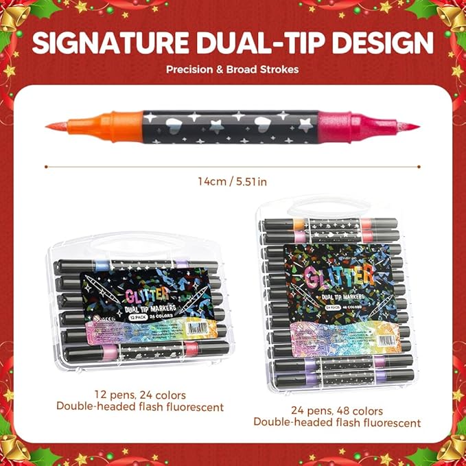Colors Dual Tip Glitter Gel Pen Set, 2025 Upgrade Fiber Tips Smooth Sparkle Paint Markers Pen for Adults Coloring, Shimmer Metallic Glitter Markers for DIY Crafts Christmas Cards Making (12)
