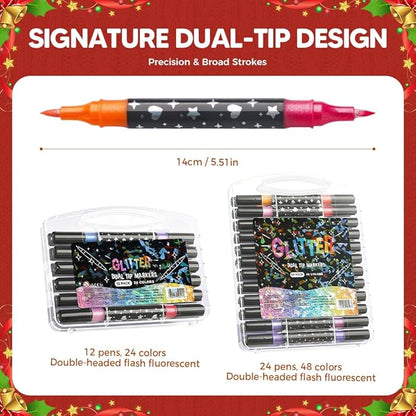 Colors Dual Tip Glitter Gel Pen Set, 2025 Upgrade Fiber Tips Smooth Sparkle Paint Markers Pen for Adults Coloring, Shimmer Metallic Glitter Markers for DIY Crafts Christmas Cards Making (12)