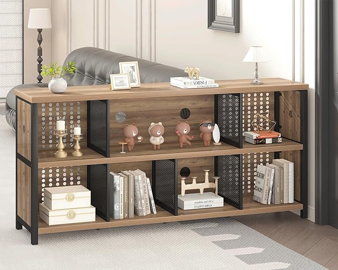 LVB Industrial Horizontal Bookshelf, 4 5 6 7 8 Cube Storage Organizer Bookcase, Modern Wide Large Book Shelf for Bedroom Living Room, Rustic Low Long Wood Metal Office Cubby Shelf, Rustic Oak, 63 Inch