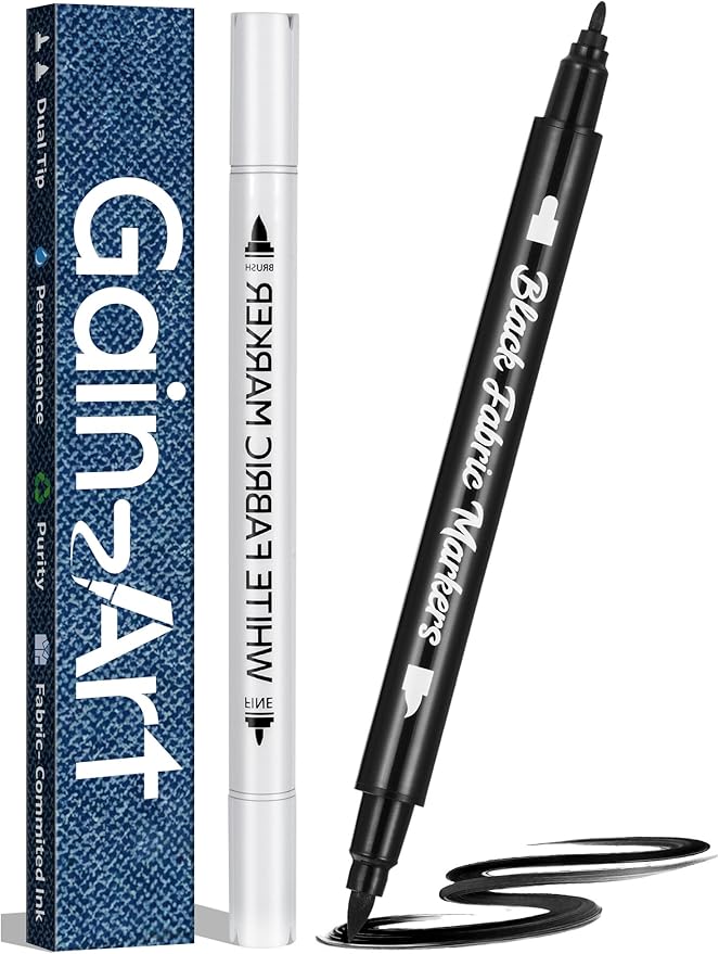 Fabric Marker for Clothes 2PCS - Wash-Resistant, No Bleed, Quick Dry Professional Dual Tip Pen - Permanent Paint for Clothing, Canvas Cover Stains - DIY Art Crafting White &Black
