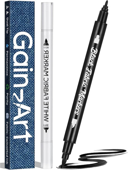 Fabric Marker for Clothes 2PCS - Wash-Resistant, No Bleed, Quick Dry Professional Dual Tip Pen - Permanent Paint for Clothing, Canvas Cover Stains - DIY Art Crafting White &Black