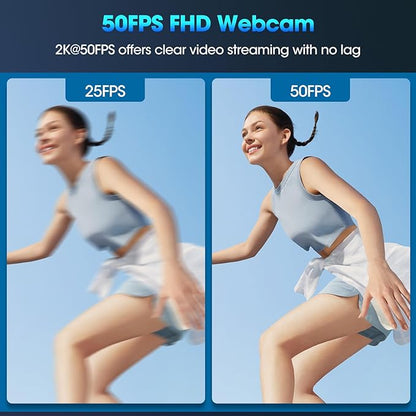 ToLuLu Streaming Webcam 2K 50FPS Web Cam, LED RGB Webcam with Microphone and Light, Autofocus Computer Camera with Cover and Tripod, Plug-Play USB Web cam for PC Desktop/MacBook Gaming Video Calling