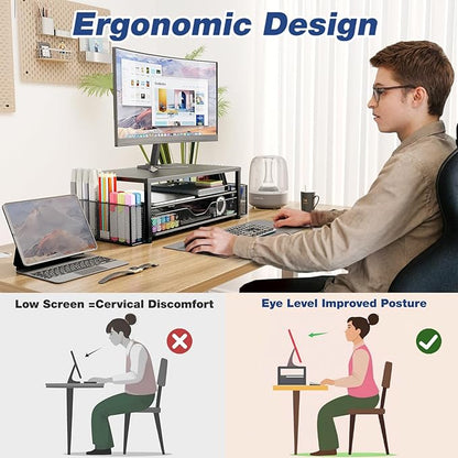 Desk Organizers and Accessories, 2-Tier Computer Monitor Stand Riser with Drawer and 2 Pen Holders, Laptop Stand, Office Desk Accessories for Office Supplies, Blue