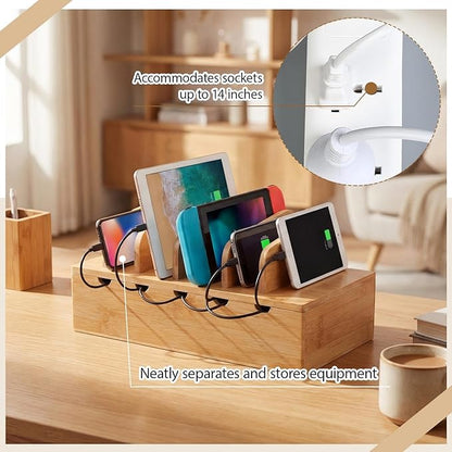 Bamboo Charging Station for Multiple Devices, Cell Phone Docking Charging Station Organizer and Cord Organizer for 10 Devices for Power Strip Storage, Phones and Tablets(Natural Wood Color)
