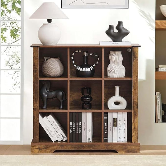 9 Cube Storage Organizer with LED Lights, Wooden Bookcase with Storage, Modern Cube Shelf for Living Room, Bedroom, Home Office - Brown