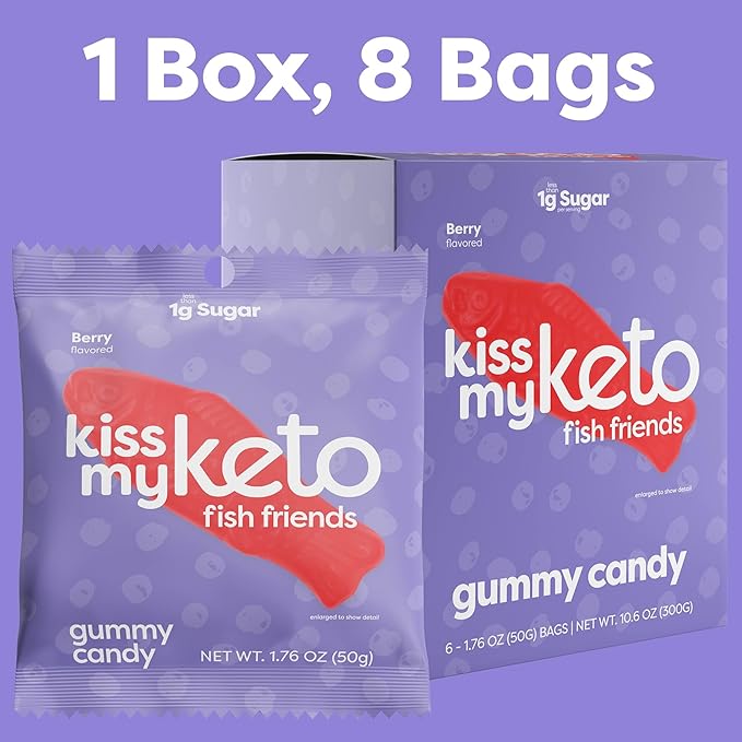 Kiss My Keto Sugar Free Gummies, Gummy Fish 6-Pack – Satisfy Cravings while Staying in Ketosis – High Fiber, 2g Net Carbs, Non-GMO, Vegan, & No Gluten – Calorie-Friendly Vegan Candy