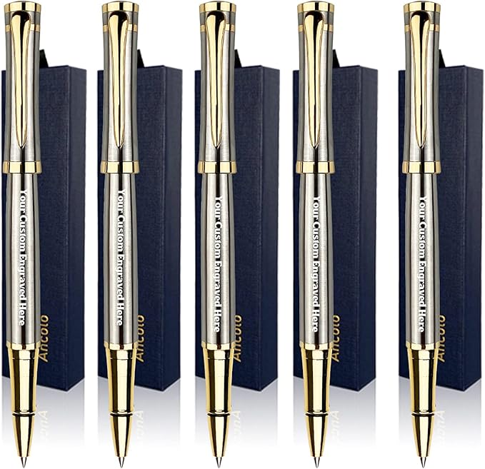 Ancolo Engraved Pens Luxury Roller Pens with 5 Gfit Box 10 extra Black Refills Metal Body Engraved with Your Message Personal Names Phone Number, Gift for Men Women