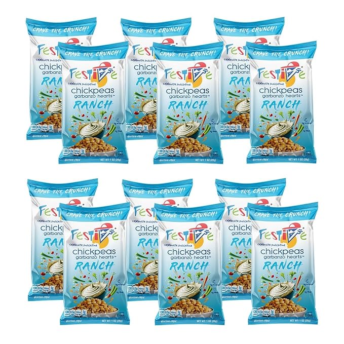 Feel Festive 12 Bags 1-oz Ranch Crunchy Roasted Chickpeas Protein Snack Pack - Healthy Garbanzo Beans - Non-GMO Vegan Gluten-Free Soy-Free Balanced Macro Nut Free - Individual Convenient Portions
