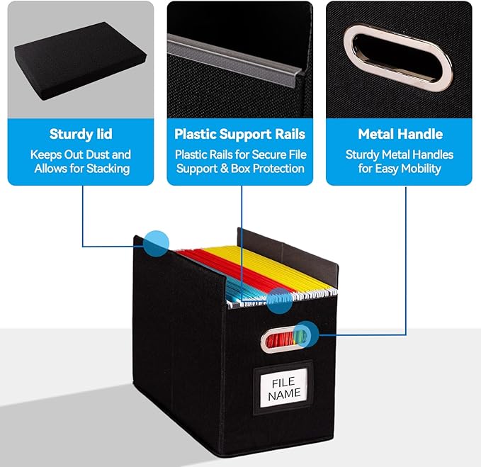2 Pack Hanging File Folders Organizer with Lid, Letter Size Fabric File Storage Box Collapsible, Portable Office Document Holder with Metal Handle, Smooth PVC Rails, Black