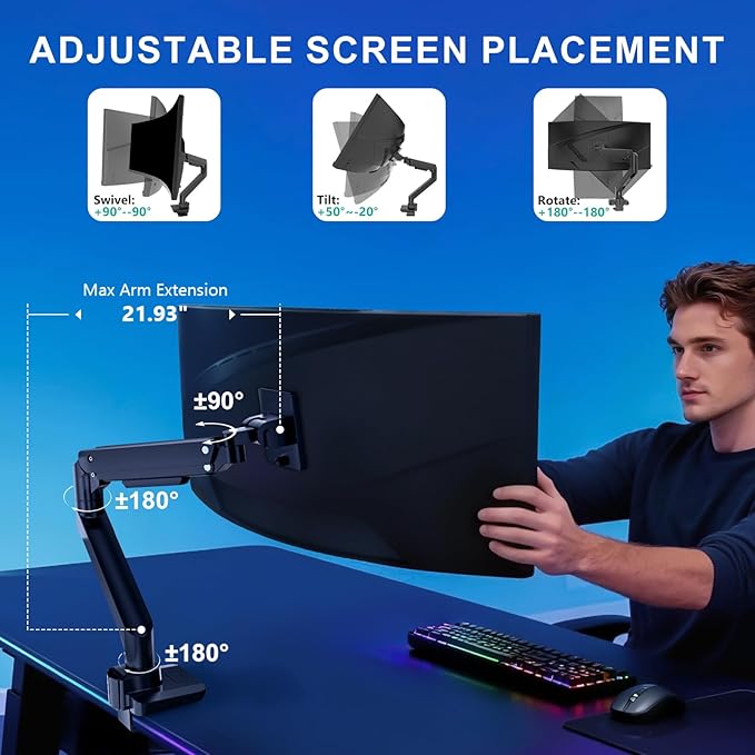 WALI Single Monitor Gas Spring Desk Mount, Heavy Duty Monitor Arm for Ultrawide Screen up to 49 inch, 44 lbs with USB. Fully Adjustable, Mounting Holes 75 and 100 (GSMU001XL), Black