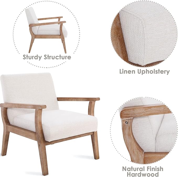 Wahson Comfy Living Room Chairs, Linen Upholstered Accent Chairs, Farmhouse Armchairs with Natural Wood Frame, Oversized Decorative Chair for Bedroom, Beige