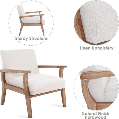 Wahson Comfy Living Room Chairs, Linen Upholstered Accent Chairs, Farmhouse Armchairs with Natural Wood Frame, Oversized Decorative Chair for Bedroom, Beige