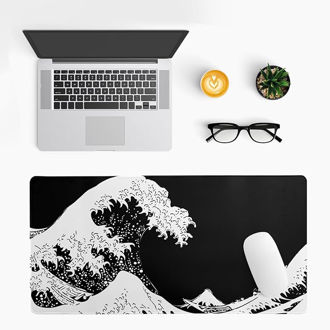 Japanese Sea Wave Large Mouse Pad, Abstract Black Gaming Mousepad, Extended Kanagawa Mat Desk Pad, 3mm Thick Long Non-Slip Rubber Base Mice Pad for Office and Home, 27.6x11.8 Inch