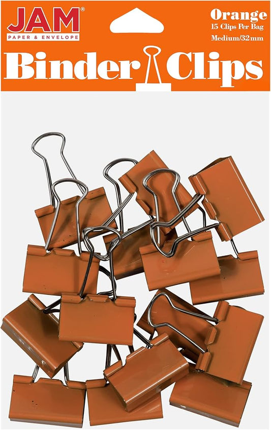 JAM PAPER Colorful Binder Clips - Medium - 1 1/4 Inch (32 mm) - Orange Binderclips - 15/Pack