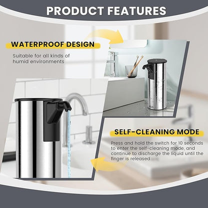 Automatic Soap Dispenser Touchless 11.8oz 4-Level Adjustment Auto Hand Soap Dispenser Stainless Steel Rechargeable for Bathroom Kitchen Hotel(Silver+Silver)