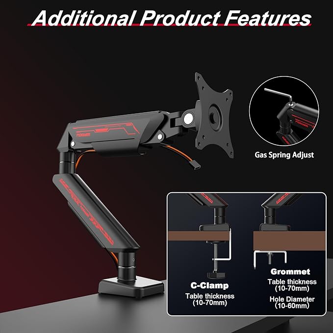 Monitor Arm, Gas Spring Monitor Stand for 17-35 Inch Screens up to 24.3 lbs, Adjustable Mount with C-Clamp & Grommet Base, Ergonomic Computer Monitor Mount (Single Arm Black)