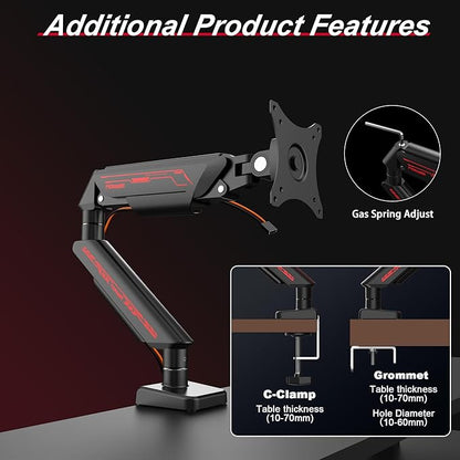 Monitor Arm, Gas Spring Monitor Stand for 17-35 Inch Screens up to 24.3 lbs, Adjustable Mount with C-Clamp & Grommet Base, Ergonomic Computer Monitor Mount (Single Arm Black)