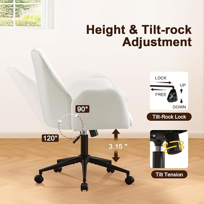 Furniliving Home Office Desk Chair, Ergonomic Leather Office Chair with Wheels, Comfortable Rolling Task Chair Adjustable Height, White