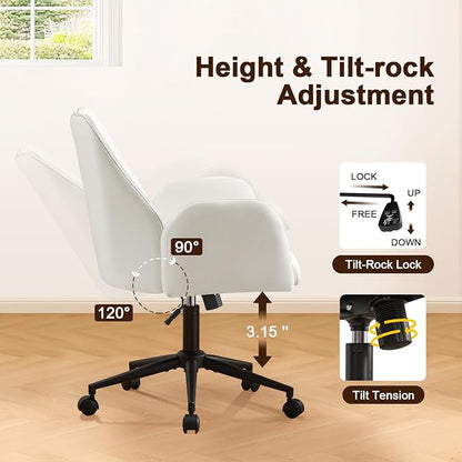 Furniliving Home Office Desk Chair, Ergonomic Leather Office Chair with Wheels, Comfortable Rolling Task Chair Adjustable Height, White