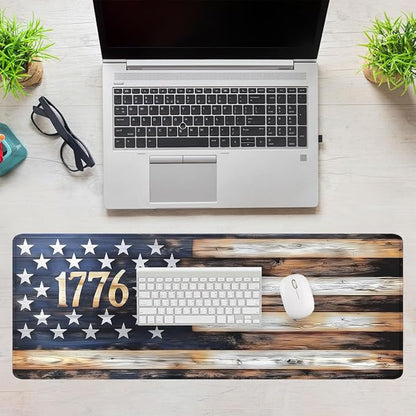 American Flag Desk Mat Patriotic Rustic Wood 1776 Rustic Large Gaming Mouse Mat with Stitched Edges,Non-Slip Waterproof Rubber Base Mous Mat 31.5"x11.8"