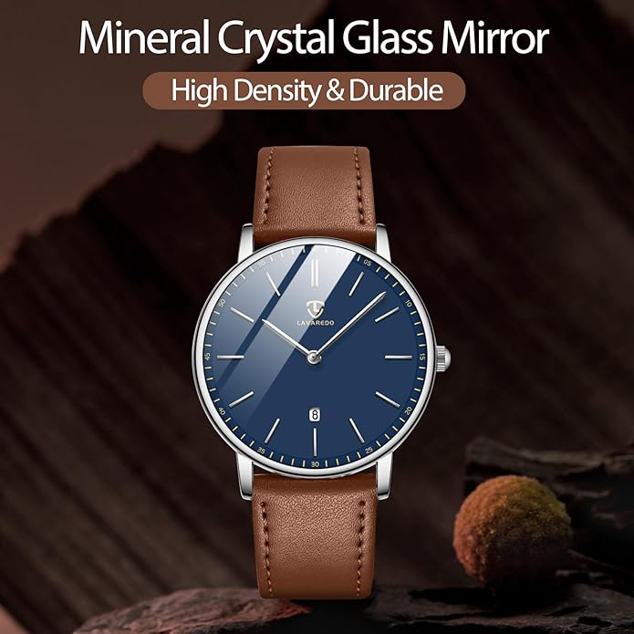 L LAVAREDO Watch for Men, Extremely Thin Mens Watches Minimalist Analog Men's Leather Wrist Watches with Time/Date, Birthday Gift for Men Boyfriend