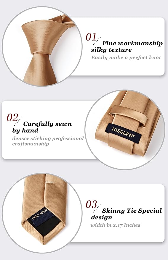 HISDERN Mens Solid Color Ties Formal Satin Necktie and Pocket Square Set Classic Wedding Business Tie & Handkerchief