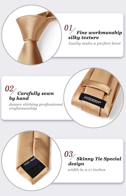 HISDERN Mens Solid Color Ties Formal Satin Necktie and Pocket Square Set Classic Wedding Business Tie & Handkerchief