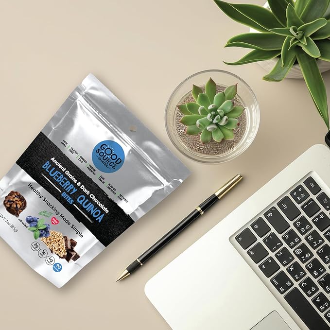 Good Source Snacks Dark Chocolate Bites & Ancient Grains, Blueberry Quinoa Chocolate Crisps, 6 Pack, 3 oz, Vegan, Gluten Free, Non GMO, Kosher Protein Bites