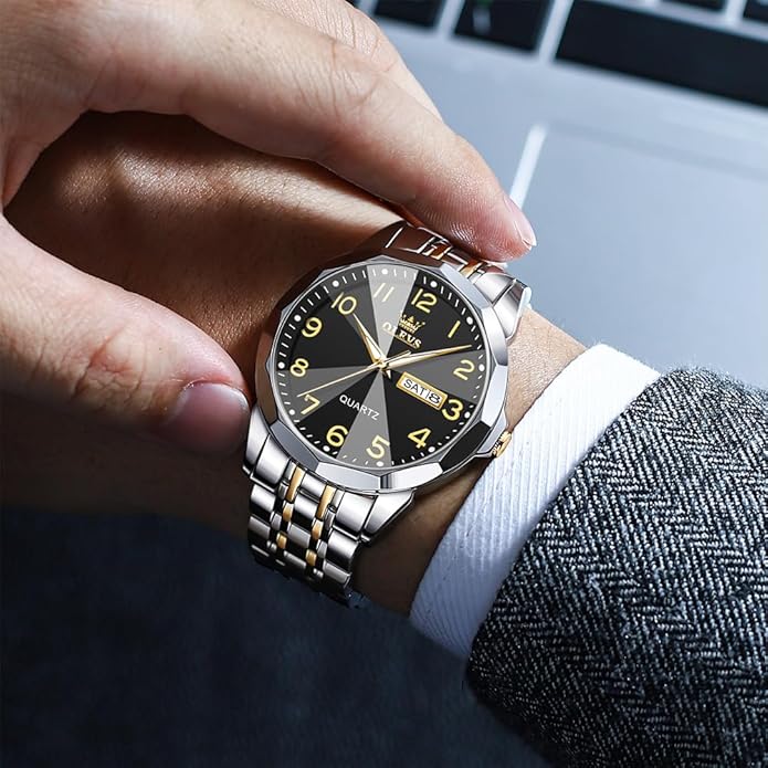 Men's Casual Stainless Steel Watch, Big Face Easy to Read Analog Quartz Watch with Day and Date, Classic Waterproof Diamond Roman Arabic Numerals Dial Dress Watch for Men, Gold Silver Black Band